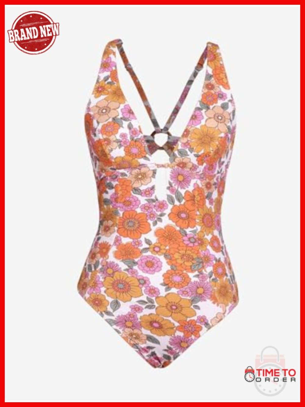 One Piece Swimsuit Deep V Neck Keyhole Cutout O Ring Textured Bathing Suit - Picture 5 of 6